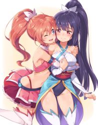 Rule 34 | 2girls, ;d, absurdres, amatsuki meguru, angel rose, angel sapphire, bare shoulders, blue eyes, blush, boots, breasts, collarbone, commentary request, covered navel, hand on another&#039;s shoulder, highres, hug, japanese clothes, kisaragi sumire, leotard, long hair, medium breasts, michairu, mole, mole under eye, multiple girls, navel, obi, one eye closed, open mouth, pink skirt, purple hair, red eyes, red hair, red skirt, sash, skirt, small breasts, smile, standing, thigh boots, thighhighs, twin angel, twin angel break, very long hair, white footwear, yellow background