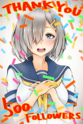Rule 34 | 10s, 1girl, blue eyes, breasts, confetti, milestone celebration, hair ornament, hair over one eye, hairclip, hamakaze (kancolle), hands on own chest, highres, kantai collection, large breasts, looking at viewer, open mouth, own hands together, school uniform, serafuku, silver hair, smile, solo, teeth, thank you, upper body, wasavi 8