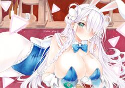 Rule 34 | 1girl, animal ears, azur lane, blue bow, blue bowtie, blue leotard, blush, bow, bowtie, braid, breasts, butterfly hair ornament, cigarette pack, cleavage, closed mouth, collar, detached collar, fake animal ears, frilled leotard, frills, glass, gloves, green eyes, groin, hair ornament, hair over one eye, highres, holding, holding tray, large breasts, leotard, lighter, long hair, looking at viewer, louisville (an order of dreams) (azur lane), louisville (azur lane), lying, marker (medium), official alternate costume, on side, pantyhose, pink hair, playboy bunny, rabbit ears, shin kun30, solo, strapless, strapless leotard, traditional media, tray, twitter username, very long hair, white collar, white gloves, white pantyhose