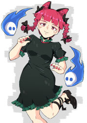 Rule 34 | 1girl, :3, animal ear fluff, animal ears, black dress, black footwear, black ribbon, blunt bangs, braid, bright pupils, cat ears, cat girl, closed mouth, commentary request, dress, grey background, highres, hitodama, kaenbyou rin, leg ribbon, leg up, looking at viewer, medium hair, red eyes, red hair, red nails, ribbon, sakamoto fred, short sleeves, side braids, touhou, twin braids, white pupils