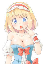 Rule 34 | 1girl, :o, adapted costume, alice margatroid, arnest, bare shoulders, blonde hair, blue dress, blue eyes, blush, bow, breasts, cleavage, collarbone, detached sleeves, dress, hairband, large breasts, open mouth, red bow, short hair, simple background, solo, touhou, upper body, white background