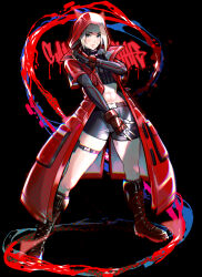 Rule 34 | 1girl, abs, belt, black background, blonde hair, blue eyes, boots, cammy white, character name, coat, crop top, fer yoshimiya, fighting stance, fingerless gloves, full body, gloves, highres, looking at viewer, official alternate costume, red coat, scar, scar on face, short hair, short shorts, shorts, solo, standing, street fighter, street fighter 6, thigh strap, turtleneck