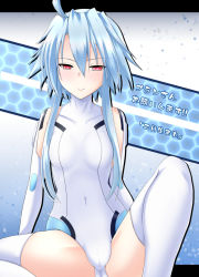 Rule 34 | 10s, 1girl, ahoge, bare shoulders, blanc (neptunia), blue hair, blush, breasts, cameltoe, collarbone, cover, cover page, covered navel, crotch, elbow gloves, fat mons, gloves, hair between eyes, half-closed eyes, halterneck, hip focus, honeycomb (pattern), honeycomb background, honeycomb pattern, knee up, leotard, letterboxed, light smile, looking at viewer, magical girl, naughty face, neptune (series), red eyes, sawaki koma, short hair with long locks, sidelocks, sitting, small breasts, smile, solo, spread legs, thighhighs, turtleneck, u6ca2u6728u30b3u30de, white heart (neptunia), white thighhighs