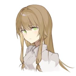 Rule 34 | 1girl, closed mouth, collared shirt, commentary, cropped torso, green eyes, highres, kuromame (sirokuji), light brown hair, long hair, looking at viewer, low-tied long hair, original, serious, shirt, sidelocks, simple background, solo, upper body, white background, white shirt