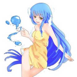 Rule 34 | 00s, 1girl, blue hair, cro cell, female focus, highres, long hair, m.u.g.e.n, naked towel, nanikoro, night wizard, simple background, smile, solo, towel, transparent background, underwater, very long hair, water, yellow eyes