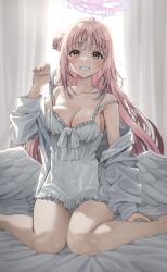Rule 34 | 1girl, absurdres, angel wings, barefoot, blue archive, blush, breasts, camisole, cleavage, collarbone, feathered wings, fingernails, grin, hair bun, halo, highres, large breasts, long hair, long sleeves, low wings, mika (blue archive), ojyomu, pink hair, pink halo, single side bun, sitting, smile, solo, white camisole, white wings, wings, yellow eyes