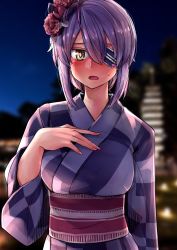 Rule 34 | 1girl, alternate costume, blurry, blurry background, blush, breasts, eyepatch, fingernails, flower, hair between eyes, hair flower, hair ornament, hand on own chest, highres, japanese clothes, kantai collection, kimono, leaf, looking at viewer, medium breasts, night, obi, open mouth, outdoors, purple hair, purple kimono, red flower, sash, short hair, solo, sweat, tadd (tatd), tenryuu (kancolle), upper body, wide sleeves, yellow eyes, yukata