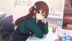 Rule 34 | 1girl, 22/7, 22/7 ongaku no jikan, black skirt, bow, bowtie, braid, braided hair rings, brown eyes, brown hair, closed mouth, cup, disposable cup, dutch angle, elbows on table, game cg, green bow, green bowtie, green shirt, hair ribbon, highres, indoors, lens flare, long sleeves, looking at viewer, non-web source, official art, on chair, plaid, plaid skirt, plastic bottle, pleated skirt, ribbon, sailor collar, school uniform, serafuku, shirt, sitting, skirt, smile, solo, sparkle, tachikawa ayaka, tissue box, twin braids, white sailor collar