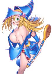 Rule 34 | 1girl, ass, bare legs, bare shoulders, blonde hair, blue footwear, blue leotard, blush, blush stickers, boots, breasts, choker, cleavage, dark magician girl, duel monster, female focus, from behind, green eyes, hat, highres, huge ass, large breasts, leotard, long hair, looking at viewer, looking back, magical girl, one eye closed, open mouth, shueisha, sideboob, simple background, smile, solo, staff, standing, suzume inui, transparent background, white background, wink, wizard hat, yu-gi-oh!