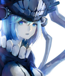 Rule 34 | 10s, 2017, absurdres, abyssal ship, artist name, blue eyes, blue hair, blue lips, breasts, colored skin, hair between eyes, highres, kantai collection, kyunotobi, lipstick, looking at viewer, makeup, medium breasts, parted lips, short hair, signature, simple background, white background, white skin, wo-class aircraft carrier