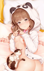 Rule 34 | 1girl, animal, animal ears, ass, azusagawa kaede, blush, bow, breasts, brown eyes, brown hair, calico, cat, cat ears, cat tail, commentary, commentary request, dakimakura (medium), dot nose, english commentary, gaaramomo, hair bow, hair ornament, hood, hooded jacket, jacket, long sleeves, looking at viewer, lying, medium breasts, medium hair, nipples, no panties, open clothes, open jacket, panda ears, pillow, seishun buta yarou, sleeping, solo, tail
