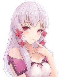 Rule 34 | 1girl, arm up, armpit crease, blush, breasts, cleavage, commentary, dress, expressionless, finger to mouth, fire emblem, fire emblem: three houses, hair ornament, leonmandala, light blush, light purple hair, long hair, looking at viewer, lysithea von ordelia, medium breasts, nintendo, pink eyes, sidelocks, simple background, solo, strapless, strapless dress, upper body, very long hair, white background