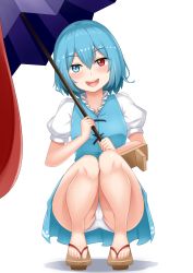 Rule 34 | 1girl, :d, absurdres, blue eyes, blue hair, blue skirt, blue vest, blush, breasts, brown footwear, cameltoe, commentary request, full body, geta, hair between eyes, heterochromia, highres, holding, holding umbrella, looking at viewer, open mouth, panties, pleated skirt, puffy short sleeves, puffy sleeves, purple umbrella, red eyes, shadow, shirt, short hair, short sleeves, simple background, skirt, skirt set, small breasts, smile, solo, squatting, tatara kogasa, thighs, tongue, touhou, umbrella, underwear, vest, white background, white panties, white shirt, wuwusan