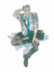Rule 34 | 1boy, arm behind head, bag, bag charm, black bag, black footwear, black pants, blue necktie, bokuto koutarou, charm (object), chengongzi123, chinese commentary, closed eyes, collared jacket, collared shirt, colored eyelashes, dappled sunlight, facing viewer, full body, grey hair, grey jacket, grin, haikyuu!!, highres, jacket, male focus, necktie, pants, school uniform, shadow, shirt, shoes, short hair, shoulder bag, simple background, sitting, smile, striped necktie, sunlight, thick eyebrows, very short hair, white background, white hair