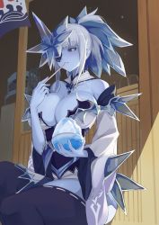 Rule 34 | 1girl, bare shoulders, bell orgel, black sclera, blue eyes, blue skin, blunt bangs, bowl, breasts, cleavage, colored sclera, colored skin, commentary, detached collar, detached sleeves, elemental (creature), eyepatch, food, highres, huge breasts, ice, ice elemental, large breasts, long sleeves, looking at viewer, monster girl encyclopedia, monster girl encyclopedia ii, ponytail, shaved ice, solo, spirit, spoon, tsurara onna (monster girl encyclopedia), utensil in mouth, white hair, wide sleeves