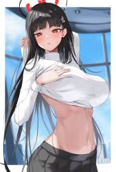 Rule 34 | 1girl, arm behind head, black hair, black skirt, blue archive, blurry, blurry background, breasts, clothes lift, crop top, cropped sweater, grabbing own breast, hair ornament, hairclip, hand on own chest, highres, indoors, large breasts, light blush, long hair, long sleeves, looking at viewer, navel, outside border, parted lips, pleated skirt, red eyes, renge (730), rio (blue archive), skirt, sky, solo, sweat, sweatdrop, sweater, sweater lift, taut sweater, turtleneck, turtleneck sweater, upper body, white sweater, window