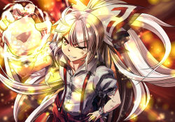 Rule 34 | 1girl, bow, fire, fujiwara no mokou, gradient background, grin, hair bow, highres, long hair, one eye closed, open fly, pants, puffy short sleeves, puffy sleeves, red eyes, shirt, short sleeves, silver hair, smile, solo, suspenders, touhou, unzipped, very long hair, volcano (liao), wrist cuffs