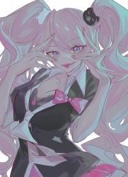 Rule 34 | 1girl, bear hair ornament, black jacket, blonde hair, blue eyes, bow, breasts, cleavage, collared shirt, danganronpa: trigger happy havoc, danganronpa (series), enoshima junko, hair ornament, highres, jacket, large breasts, long hair, necktie, ny3z, pink bow, shirt, smile, solo, tongue, tongue out, twintails, white necktie, white shirt
