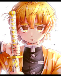 Rule 34 | 1boy, agatsuma zenitsu, black jacket, blonde hair, brown eyes, commentary request, hair between eyes, holding, holding sword, holding weapon, jacket, katana, kimetsu no yaiba, letterboxed, long sleeves, looking at viewer, male focus, open clothes, sheath, simple background, solo, sword, thick eyebrows, unsheathing, v-shaped eyebrows, weapon, white background, yomogi (becr)
