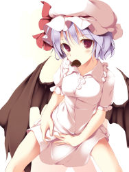 Rule 34 | 1girl, bat wings, blue hair, breasts, candy, chocolate, chocolate heart, dress, fal maro, female focus, food, hat, heart, highres, looking at viewer, mouth hold, purple hair, red eyes, remilia scarlet, short hair, simple background, solo, touhou, valentine, white dress, wings