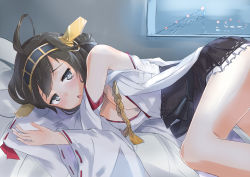 Rule 34 | 10s, 1girl, ahoge, bad id, bad pixiv id, bare shoulders, blush, breasts, brown hair, cleavage, detached sleeves, double bun, hairband, highres, japanese clothes, kantai collection, kongou (kancolle), legs, long hair, looking at viewer, lying, nontraditional miko, on side, open clothes, open mouth, open shirt, shirt, skirt, solo, yuuzuki (re&#039;ef)