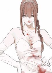 Rule 34 | 1girl, blood, braid, braided ponytail, breasts, chainsaw man, dress, gloves, highres, long hair, looking at viewer, makima (chainsaw man), medium breasts, red hair, ringed eyes, sensui n2, strapless, strapless dress, wedding dress, white dress, white gloves, yellow eyes