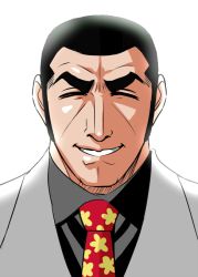 Rule 34 | 1boy, collared shirt, duke tougou, eyebrows, closed eyes, golgo 13, grin, konno tohiro, male focus, necktie, out of character, shirt, simple background, smile, thick eyebrows, white background