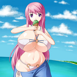 Rule 34 | 1girl, beach, bikini, blue sky, breasts, cleavage, cloud, cowboy shot, day, food, horizon, huge breasts, ice cream, ice cream cone, isel, long hair, navel, ninlil, o-ring, o-ring bikini, o-ring bottom, o-ring top, open mouth, original, outdoors, pink hair, purple eyes, sarong, skindentation, sky, solo, swimsuit, very long hair, water, wide hips