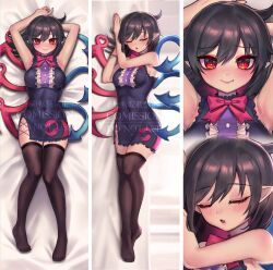Rule 34 | 1girl, armpits, asymmetrical wings, black dress, black hair, black thighhighs, blue wings, blush, bow, bowtie, breasts, buttons, center frills, closed eyes, closed mouth, commentary request, commission, covered navel, dakimakura (medium), dress, eyelashes, fang, fang out, feet, flipped hair, frilled dress, frills, full body, hair between eyes, heart, highres, houjuu nue, legs, looking at viewer, medium breasts, multiple views, no shoes, open mouth, pointy ears, qiu ju, red bow, red bowtie, red eyes, red wings, short dress, short hair, side slit, sideboob, skindentation, sleeping, sleeveless, sleeveless dress, smile, thighhighs, toes, tomoe (symbol), touhou, watermark, wings