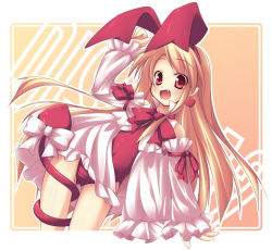 Rule 34 | 00s, 1girl, :d, arm ribbon, bare shoulders, between legs, blonde hair, bodysuit, bow, clenched hand, copyright name, covered navel, cowboy shot, demon tail, detached sleeves, disgaea, dress, dutch angle, earrings, fallen angel, fang, flat chest, flonne, flonne (fallen angel), framed, frills, gradient background, hair ribbon, hairband, hand up, happy, heart, heart earrings, jewelry, large bow, leaning, leotard, long hair, long sleeves, looking at viewer, makai senki disgaea, neck ribbon, nippon ichi, open clothes, open dress, open mouth, orange background, outline, outside border, parted bangs, pointy ears, red eyes, red leotard, red ribbon, ribbon, shimakaze (soundz of bell), short dress, sidelocks, sleeves past wrists, slit pupils, smile, solo, tail, tail between legs, tail bow, tail ornament, tail ribbon, tail wrap, very long hair, white bow, white dress