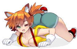 Rule 34 | 1girl, alternate breast size, animal ears, aqua eyes, ass, asymmetrical hair, bare arms, bare legs, blush, breasts, cleavage, cosplay, cowboy shot, creatures (company), curvy, denim, denim shorts, fang, fangs, female focus, game freak, gen 1 pokemon, gloves, green eyes, gym leader, hair between eyes, hair tie, highres, huge ass, huge breasts, kouno (masao), large breasts, legs, looking at viewer, mind control, misty (pokemon), nintendo, one eye closed, open mouth, orange hair, poke ball, pokemon, pokemon (anime), pokemon (classic anime), pokemon ears, pokemon tail, ponytail, shiny skin, shirt, short hair, short ponytail, short shorts, shorts, side ponytail, simple background, smile, solo, suspenders, tail, tank top, thick thighs, thighs, wide hips, wink, yellow shirt
