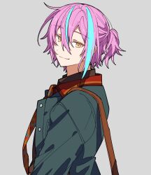 Rule 34 | 1boy, absurdres, black shirt, blue coat, blue hair, brown bag, closed mouth, coat, highres, hoshi-toge, kamishiro rui, long sleeves, looking at viewer, male focus, necktie, one side up, project sekai, purple hair, red necktie, shirt, smile, solo, upper body, yellow eyes, zozotown