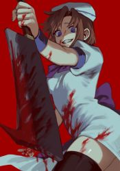 Rule 34 | 1girl, beret, blood, blood on clothes, blood on face, blood on hands, blood on leg, bloody weapon, blue eyes, bow, clenched teeth, commentary, dress, evil smile, feet out of frame, from below, hashitsuki nata, hat, hatchet, highres, higurashi no naku koro ni, looking at viewer, nata (tool), noriuma, orange hair, puffy short sleeves, puffy sleeves, purple bow, red background, ryuuguu rena, short hair, short sleeves, simple background, slit pupils, smile, solo, teeth, thighhighs, weapon, white dress, white hat, wrist cuffs, yandere, zettai ryouiki