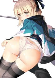 Rule 34 | 1girl, ahoge, ass, bent over, black bow, black scarf, black thighhighs, blonde hair, blush, bow, cowboy shot, fate (series), from behind, gaou (umaiyo puyoman), green eyes, hair bow, highres, holding, holding sword, holding weapon, japanese clothes, koha-ace, long sleeves, looking back, okita souji (fate), okita souji (koha-ace), panties, sash, scarf, shinsengumi, shiny skin, short hair, solo, standing, sword, thigh gap, thighhighs, thighs, underwear, unsheathed, weapon, white panties