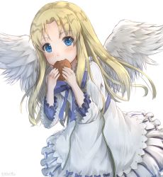 Rule 34 | 1girl, blonde hair, blue bow, blue eyes, blush, bow, closed mouth, commentary, dress, dutch angle, eating, feathered wings, filo (tate no yuusha no nariagari), food, highres, hikari niji, holding, holding food, long hair, long sleeves, looking at viewer, parted bangs, simple background, solo, tate no yuusha no nariagari, twitter username, white background, white dress, white wings, wings