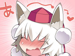 Rule 34 | 1girl, ^ ^, blush, commentary request, closed eyes, hammer (sunset beach), hat, head only, heart, inubashiri momiji, open mouth, short hair, solo, tokin hat, touhou, translation request, white hair