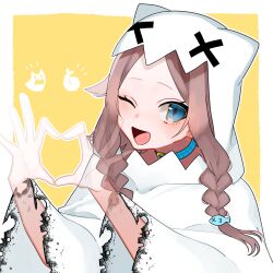 Rule 34 | 1girl, absurdres, artist request, blue choker, blue eyes, braid, choker, fish hair ornament, hair ornament, hands up, highres, hood, hood up, indie virtual youtuber, one eye closed, open mouth, outline, see-through body, shadow, smile, solo, twin braids, upper body, white outline, yellow background, yuduki miya