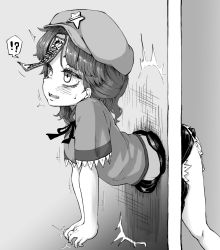 Rule 34 | !?, 1girl, ^^^, bare arms, bare legs, blush, chibi, clothes lift, empty eyes, fang, from side, greyscale, hat, highres, jiangshi, looking up, medium hair, microskirt, midriff peek, miyako yoshika, monochrome, ofuda, open mouth, outstretched arms, panties, shika miso, shirt lift, short sleeves, skirt, solo, through wall, touhou, underwear