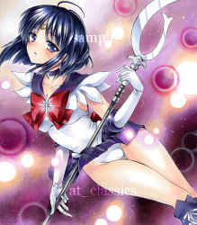 Rule 34 | 1girl, artist name, at classics, bishoujo senshi sailor moon, bow, brooch, choker, elbow gloves, gloves, gradient background, holding, holding polearm, holding spear, holding weapon, jewelry, leotard, magical girl, marker (medium), panties, polearm, purple eyes, purple hair, sailor saturn, sample watermark, short hair, silence glaive, skirt, solo, spear, star brooch, tiara, tomoe hotaru, traditional media, underwear, watermark, weapon, white panties, wind, wind lift