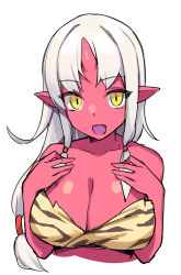 Rule 34 | 1girl, :d, bikini, breasts, brll, cleavage, colored skin, hands up, highres, horns, large breasts, long hair, looking at viewer, oni, oni horns, open mouth, original, pointy ears, red oni, red skin, simple background, single horn, slit pupils, smile, solo, striped bikini, striped clothes, swimsuit, upper body, white background, white hair, yellow eyes