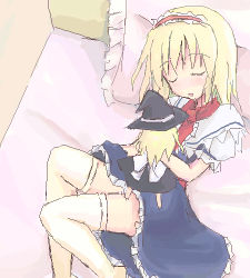 Rule 34 | 1girl, alice margatroid, bed, belt, black dress, blonde hair, blue dress, bow, capelet, character doll, closed eyes, doll, dress, female focus, hairband, hat, headband, kirisame marisa, lowres, lying, nanazaki, oekaki, on back, on bed, on side, open mouth, pillow, puffy short sleeves, puffy sleeves, scarf, short sleeves, sleeping, solo, thighhighs, touhou, white thighhighs, witch, witch hat, zettai ryouiki