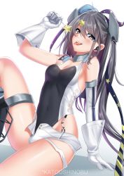 Rule 34 | 1girl, aqua hat, artist name, black footwear, black one-piece swimsuit, blush, breasts, candy, commentary, competition swimsuit, english commentary, food, garrison cap, gloves, grey eyes, grey hair, hair ornament, hat, headgear, highres, holding, kantai collection, katou shinobu, long hair, one-piece swimsuit, open mouth, scamp (kancolle), shorts, side ponytail, simple background, sitting, small breasts, solo, star (symbol), star hair ornament, swimsuit, tongue, tongue out, white background, white gloves, white shorts