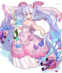 Rule 34 | 1girl, alcohol, animal ears, azur lane, bare shoulders, blue ribbon, blush, bottle, bouquet, breasts, champagne, champagne bottle, collarbone, commentary request, dress, flower, glint, hair between eyes, hair flower, hair ornament, hairband, head tilt, highres, holding, holding bottle, jewelry, laffey (azur lane), long hair, looking at viewer, medium breasts, necklace, nyori, petals, pink dress, pink flower, pink rose, purple eyes, purple flower, purple rose, rabbit ears, red hairband, ribbon, ring, rose, see-through, silver hair, solo, strapless, strapless dress, twintails, veil, very long hair, wedding band, white background, white flower, white rose, yellow flower, yellow rose