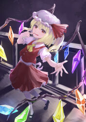 Rule 34 | 1girl, balcony, blonde hair, crystal, finger to mouth, flandre scarlet, frilled skirt, frilled sleeves, frills, hat, highres, kneehighs, mary janes, menotoa, mob cap, night, ponytail, puffy short sleeves, puffy sleeves, red eyes, red skirt, red vest, shirt, shoes, short hair, short sleeves, skirt, socks, touhou, vest, white shirt, white socks, wings