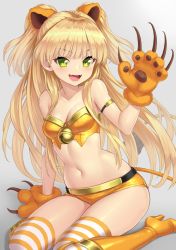 Rule 34 | 10s, 1girl, :d, animal ears, animal hands, arm support, armlet, bare shoulders, bell, blonde hair, blush, boots, breasts, cleavage, collarbone, fangs, gloves, gradient background, green eyes, high heel boots, high heels, idolmaster, idolmaster cinderella girls, jingle bell, jougasaki rika, knee boots, long hair, looking at viewer, midriff, navel, open mouth, paw gloves, short shorts, shorts, simple background, sitting, small breasts, smile, solo, striped clothes, striped thighhighs, tail, thighhighs, two side up, v-shaped eyebrows, very long hair, wariza, yapo (croquis side)