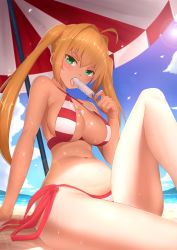 Rule 34 | 1girl, ahoge, bare shoulders, beach, beach umbrella, bikini, blonde hair, blush, breasts, bu li, cleavage, criss-cross halter, fate/grand order, fate (series), food, green eyes, hair between eyes, hair intakes, halterneck, highres, knee up, large breasts, long hair, looking at viewer, navel, nero claudius (fate), nero claudius (fate) (all), nero claudius (swimsuit caster) (fate), open mouth, popsicle, red bikini, sitting, solo, sunlight, swimsuit, thighs, tongue, tongue out, twintails, umbrella