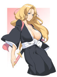 Rule 34 | 1girl, black kimono, bleach, blonde hair, blue eyes, breasts, dyun, highres, holding, holding sword, holding weapon, japanese clothes, jewelry, katana, kimono, large breasts, long hair, long sleeves, looking at viewer, matsumoto rangiku, mole, mole under mouth, necklace, no bra, parted lips, sash, solo, sword, weapon, weapon on back, white sash