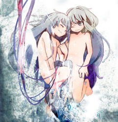 Rule 34 | 2girls, air bubble, arm hug, bad id, bad pixiv id, bubble, commentary request, flat chest, grey hair, happy, long hair, multiple girls, no nipples, nude, one eye closed, original, sakata kaname, smile, very long hair, wire