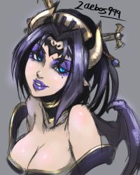 Rule 34 | 1girl, artist name, bandai, bare shoulders, bat (symbol), blue eyes, breasts, claws, demon, demon girl, digimon, female focus, horns, large breasts, lilithmon, lipstick, looking at viewer, makeup, seven great demon lords, smile, solo, demon girl, wings