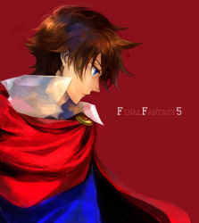 Rule 34 | 1990s (style), 1boy, bartz klauser, blue eyes, brown hair, cape, copyright name, dissidia final fantasy, final fantasy, final fantasy v, kuzumosu, male focus, profile, red background, retro artstyle, short hair, simple background, solo